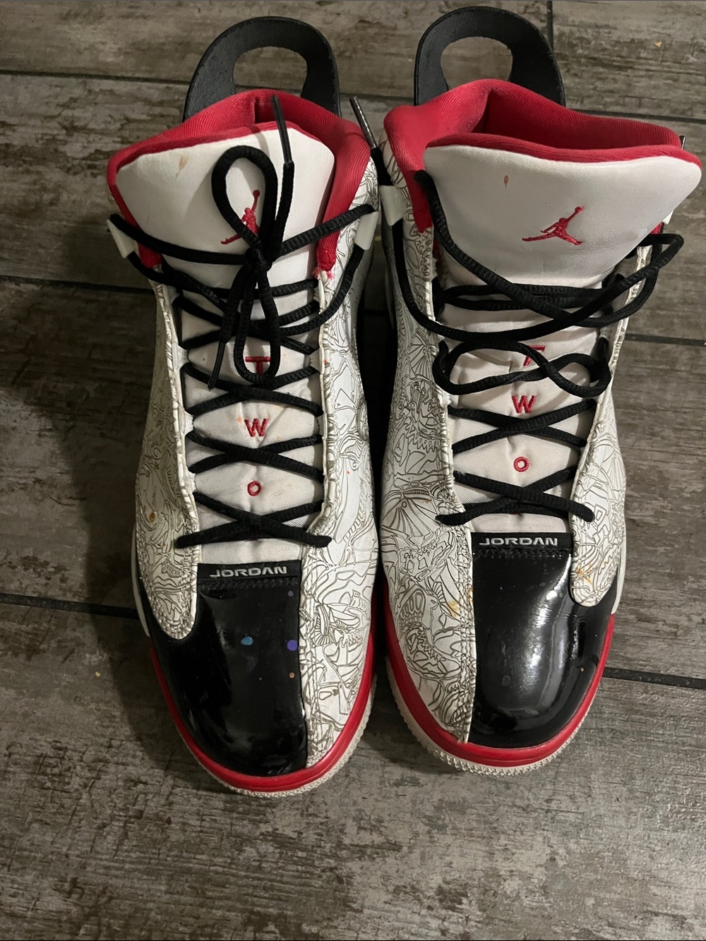 Jordan White Black Red Graphic-Pattern Basketball Sneakers